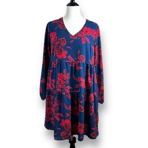 Fancyinn Women's‎ L Floral Tiered Babydoll Dress Blue Red V-Neck Long Sleeve